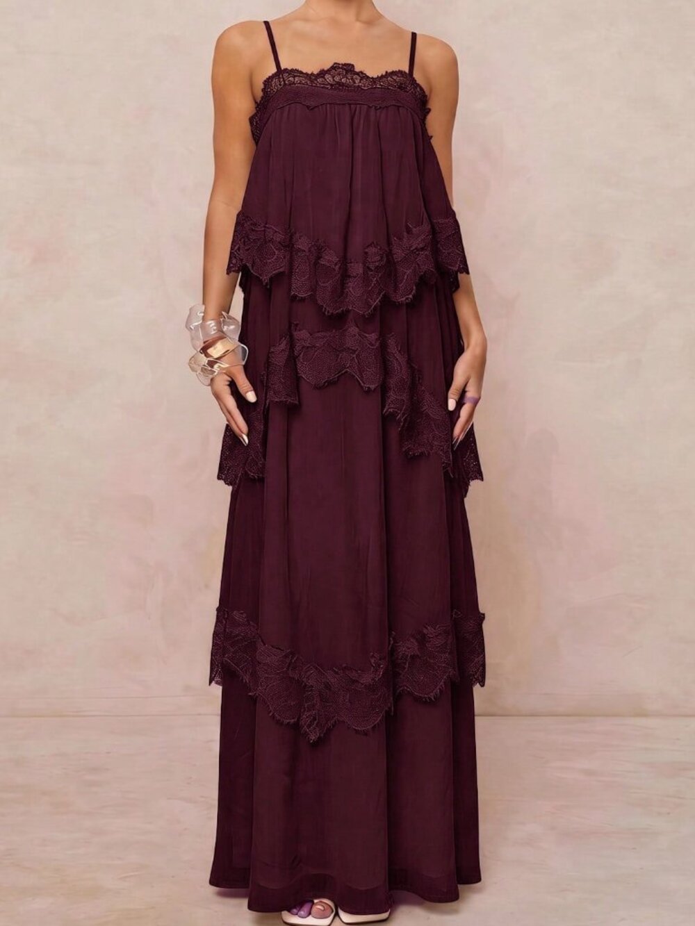 Purple Party Women's Lace Patchwork Casual Spaghetti Strap Dress - Picture 6 of 9
